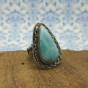 925 <b>Solid</b> <b>Silver</b> Larimar Gemstone Ring Bohemian Artisan Crafted with Pear Cut Diamond Wedding Occasion - Product Image 1