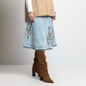 Denim Jeans <strong>Skirt</strong> With Embroidery Long Flared Classic <strong>Embroidered</strong> Jean <strong>Skirts</strong> Pocket Stylish - Product Image 4