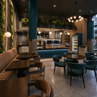 Ensemble de mobilier de salon sur mesure Bistro : Table à manger carrée en bois et chaise, banquette sectionnelle de restaurant, canapé