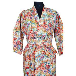 Vente en gros de robes de nuit kimono longues à manches longues en coton indien fait main, respirantes, à motifs floraux, pour femmes, pour l'été - Product Image 3