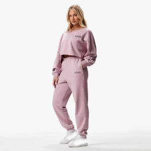 Fait sur mesure 100% coton éponge français poids lourd élégant 2 pièces recadrée col large sweat survêtement hommes femmes imprimé - Product Image 1