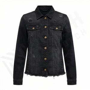 Veste en jean pour femme Fashion Monkey Wash à manches longues, déchirée et usée, coupe ample, denim ajusté, coton, élégante, couleur personnalisée - Product Image 1