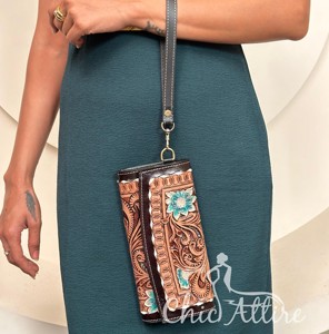 Portefeuille à rabat en cuir usiné pour femmes portefeuille à bracelet en cuir véritable cousu à la main portefeuille de carte de crédit pochette Western Buck Stitch - Product Image 1