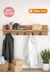 Wall Mounted <b>Wooden</b> Shelf with <b>Hooks</b> Entryway <b>Coat</b> Rack Decorative Wall Organizer - Product Image 6