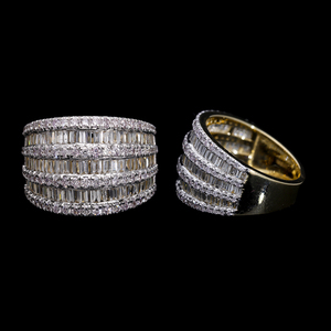 Elegante Juego de puntas de canal alternantes de anillo de banda de varias filas de oro blanco de 14 quilates con diamantes Baguette redondos naturales - Product Image 2