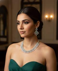 Ensemble de collier et de boucles d'oreilles pendantes en pierre blanche de luxe pour femmes avec coupe émeraude royale pour les mariages et les occasions spéciales - Product Image 2