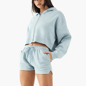 Custom Logo Ladies Cotton Tracksuits Set 2-Piece Cropped Zipper Hoodie Shorts Over-sized Drop Shoulder Breathable Knee Solid - Product Image 4