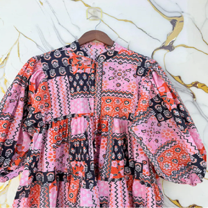 Patchwork Midi <b>Dress</b> with <b>Bohemian</b> Inspired Design Relaxed Silhouette and Eclectic Patterned Details for Resort Fashion - Product Image 5