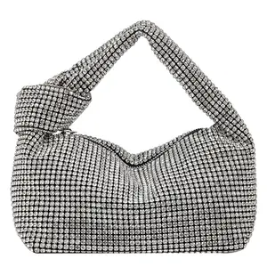 Women Silver Heiress Pouch Glitter Evening Knot Handbags Crystal Mesh Croissant Bag