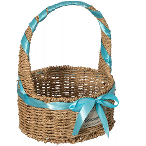 Tienphong Small Seagrass <b>Wicker</b> Picnic <b>Basket</b> with Handle - Versatile Gift <b>Basket</b> with Blue Ribbon for New Year and Occasions - Product Image 1