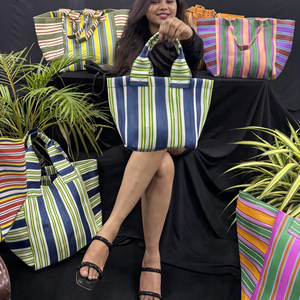 ถุงช้อปปิ้งตลาดแบบสานมือ ลายทาง ผลิตจากไนลอนรีไซเคิล PP เป็นมิตรกับสิ่งแวดล้อม ใช้ซ้ำได้ ผลิตตามสั่ง ใช้สำหรับงานส่งเสริมการขาย มีซิปปิด ขนาดกลาง - Product Image 6