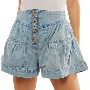 Pantalones cortos de mezclilla para mujer Casual verano cintura alta pierna ancha abotonado plisado volantes Jean Shorts moda comodidad - Product Image 1