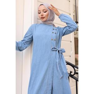 Ensemble décontracté en denim bleu clair à col rond, 2 pièces, 100% coton, détails boutonnés, longueur midi - Product Image 2