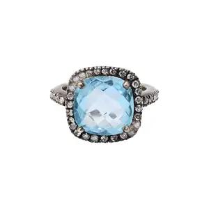 Cor sólida 925 prata de almofada, forma natural facetada azul topaz pedra preciosa e cz pedra anel aniversário prata joia atacado