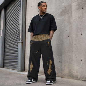 Pantalones Deportivos Anchos para Hombre con Estampado de Leopardo Dorado, Diseño de Parches, Desgastados, Cintura Elástica, Estilo Urbano, Pantalones Casuales de Otoño - Product Image 1