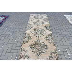 Vintage Runner Rug 3.3x9.2 ft, <b>Brown</b> Pink Check Rug <b>Wool</b> - Product Image 1