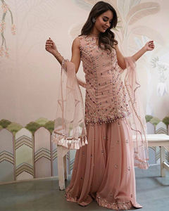 Premium Indian Pakistani Designer Modern <b>Ethnic</b> Georgette Fabric Hand Drawn Parties <b>Dress</b>-Adults Sharara Suit Palazzo <b>for</b> <b>Women</b> - Product Image 3