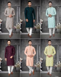 Traditionele Festivalkleding Voor Heren Rayon Chikan Werk Kurta Met Katoenen Pyjama Ingesteld Door Export Bruiloft Kurta Set Met Pyjama