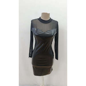 Women's Long-Sleeved <b>Turtleneck</b> Mini Leather Dress with Tulle Details, 29907 - <b>Black</b> - Product Image 5