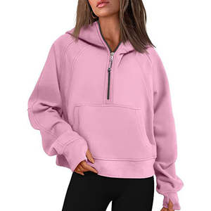 Nueva moda mujeres niñas polar media cremallera cuello alto Sudadera con capucha bolsillos manga larga Color sólido pulóver Casual Sudadera con capucha - Product Image 1