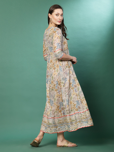 Vêtements ethniques traditionnels pour femmes, kurtis Anarkali en coton pur brodé, col en V, manches trois-quarts, longueur genoux, imprimé - Product Image 3