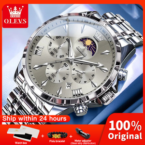 Montre à quartz multifonctionnelle OLEVS 3653 pour homme, chronographe 30M avec bracelet en acier inoxydable, boîtier rectangulaire de luxe, emballée en carton - Product Image 1