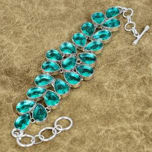 Handmade Sterling Silver Green Apatite Quartz Bracelet Pear Link Jewelry Gift - Product Image 1