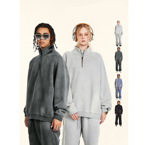 Ensemble de pulls à capuche unisexe Offre Spéciale coton denim lavé avec logo personnalisé, fermeture éclair à capuche surdimensionnée 500gsm, teint uni - Product Image 1