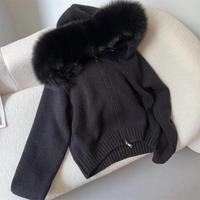 Cardigan à capuche zippé en tricot pour femme, en polaire et fourrure véritable, coupe ajustée, manches classiques, chaud, élégant, tissu doux, automne