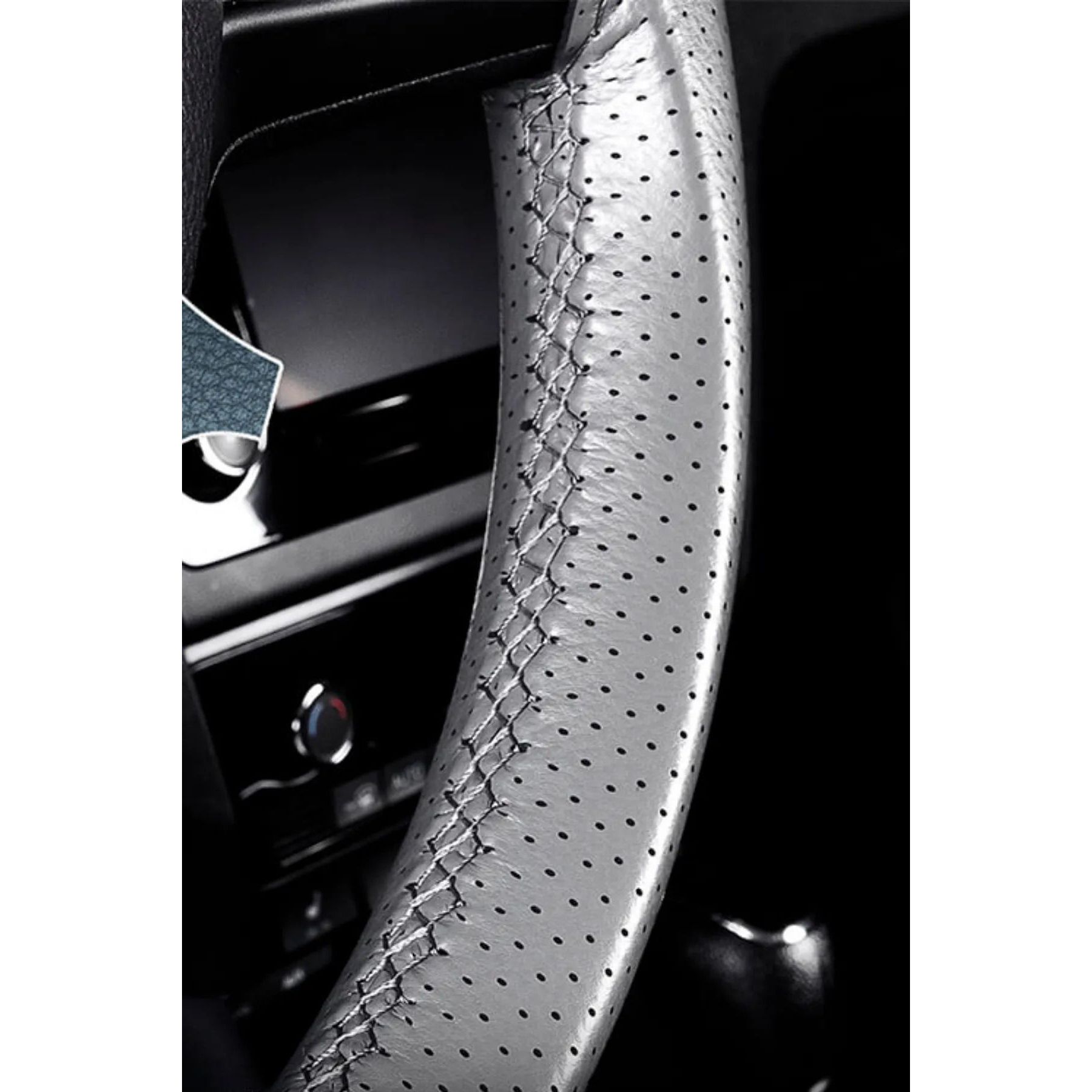 Yedpa Perforated Grey Stitched Leather-Look Steering Wheel Cover for Toyota, Honda, etc.