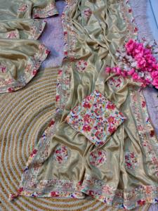 Sari en soie chinon tendance, prêt à porter, doux, avec bordure Zarkhan et séquences brodées, chemisier cousu, fabriqué en Inde - Product Image 2