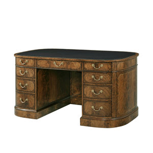 Oval Executive <b>Desk</b> in Walnut Brown Makore Wood with Nine <b>Drawers</b> and Pedestal Base 1-Year Warranty - Product Image 1