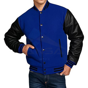 Veste universitaire en laine mélangée pour homme avec manches en cuir véritable, style classique vintage, veste de baseball, coupe ajustable, bleu noir - Product Image 3