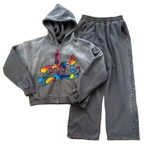 Chándales con capucha para hombre, de peso pesado, con pedrería bordada, efecto descolorido por el sol, estilo urbano, diseño personalizado, moderno, transpirable, lavado ácido - Product Image 1