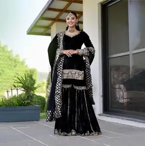 最新印度新设计师派对服装外观顶级Sharara和西装Dupatta刺绣作品定制民族服装批发
