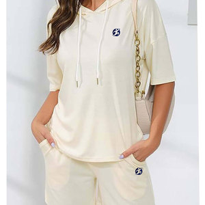 Ensemble short et sweat à capuche en dentelle unie, doux pour le port, confort quotidien, couleur personnalisée, tendance, décontracté pour femmes, deux pièces, 100% coton molletonné - Product Image 5