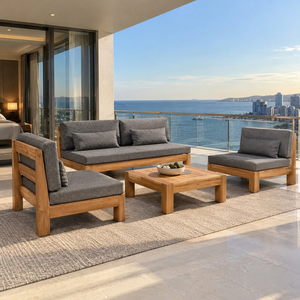 Ensemble de canapés d'extérieur en teck massif avec coussins gris, mobilier de salon de jardin pour hôtel, complexe hôtelier, balcon et terrasse - Product Image 3