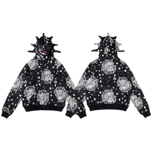 Vente en gros Sweat à capuche imprimé cachemire blanc avec capuche à cornes créative Mode décontractée Streetwear Sweat-shirt zippé pour hommes - Product Image 6