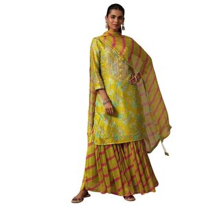 Abito Sharara Kurta stampato verde con Gotta Patti lavoro Dupatta per feste di ricevimento di nozze - Product Image 3
