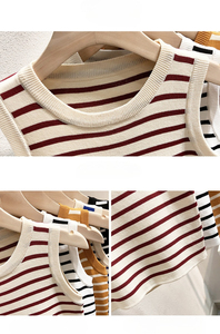 Camisola de estilo Vintage de verano para mujer, chaleco a rayas sin mangas con cuello redondo, Top de punto ajustado de Color sólido - Product Image 5