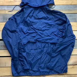 Blue Polyester/Rayon Coated <b>Windbreaker</b> Jacket Detachable Hood Cotton Lining Front Zip Closure Elastic Cuffs Lightweight - Product Image 2