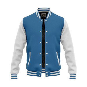Stylish Winter Sky-White Varsity Jacket OEM Dyed Stand Collar <b>Wool</b> Body Leather <b>Arms</b> Embroidered Letterman Design Plus Size XL - Product Image 1