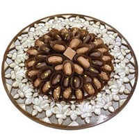Plateau de service rond élégant et classique en bois d'acacia, fait main, avec incrustation de nacre, jetable, en stock, décoration d'intérieur, fabriqué en Inde