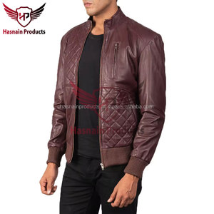 Chaqueta Bomber de Cuero Genuino para Hombre, Color Granate, con Paneles Acolchados, Cuello Alto, Cremallera, Bolsillo en el Pecho, Piel de Oveja, Estilo Biker, Personalizada - Product Image 2