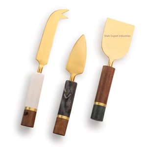 Service à fromage de luxe moderne en acier inoxydable fait à la main manche en bois de marbre lave-vaisselle table à manger fromage ensemble d'épandeurs de beurre - Product Image 1