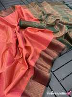 Sari en soie cuivrée et dorée, bordure contrastante bicolore, broderie riche, chemisier en brocart, sari traditionnel pour occasions spéciales, haute qualité, entièrement fait main