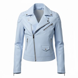 Veste de moto en cuir bleu clair pour femmes sur mesure, style motard, cuir véritable, manteau pour femmes, OEM, usine, quantité en gros - Product Image 2