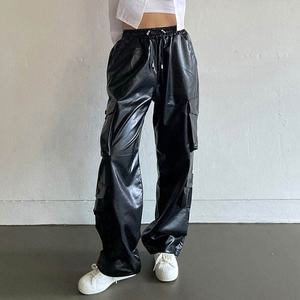 Pantalones Cargo de Cuero para Mujer, Estilo Urbano, Cintura Alta con Cordón, Corte Ancho, para Moda Casual y Urbana - Product Image 1