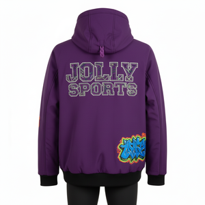 Chaqueta softshell premium para hombre en morado intenso con paneles de manga con arte de grafiti y bordado de logotipo personalizado completo, estilo casual. - Product Image 2