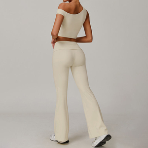 Ensemble de 2 pièces pour femmes, vêtements de yoga et de fitness personnalisés avec logo, débardeur de sport sans dos à bretelles, pantalon évasé taille haute push-up, tenue de sport - Product Image 6